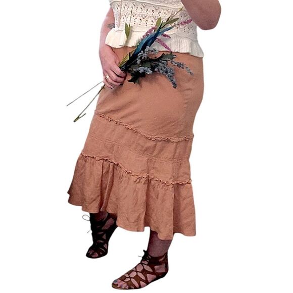 VTG Odille Anthropologie Beige Pull On 100% Linen Midi Skirt Size Medium - Picture 8 of 16